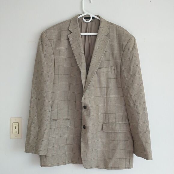 Lauren Ralph Lauren Blazer Mens 48L Beige Silk Wool Windowpane Sport Coat Jacket - Picture 1 of 8